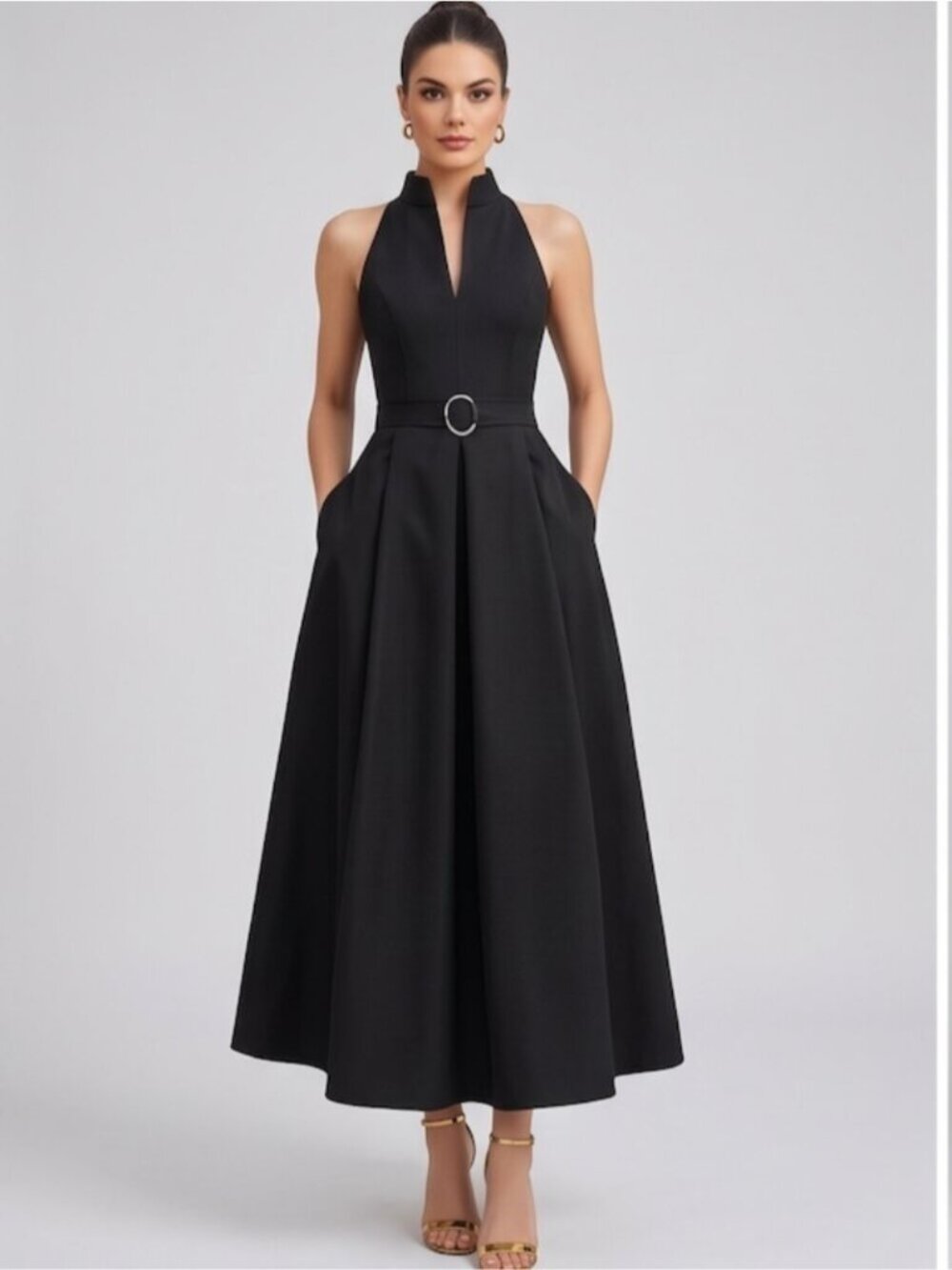 Classic Black Sleeveless Mock Neck Pleated Midi Dress with Belt & Pockets